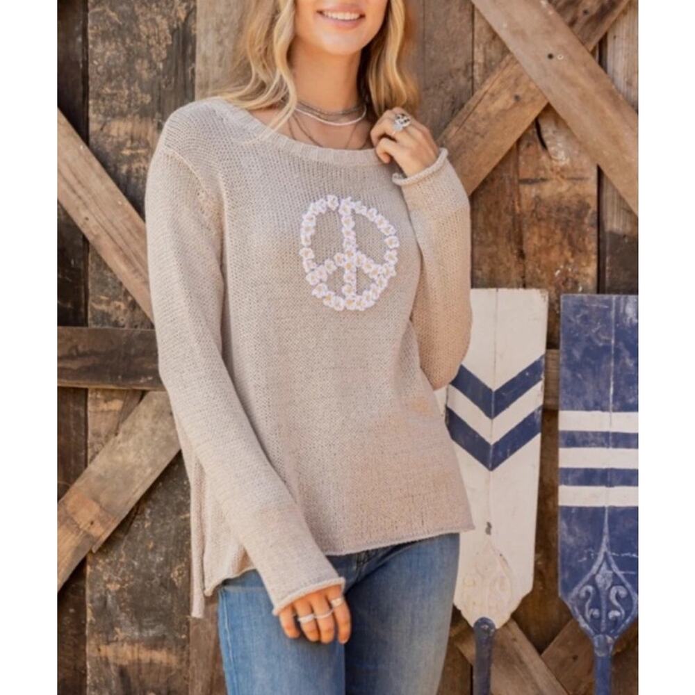 Wooden Ships Daisy Peace Sign Cotton Blend Crewneck Sweater Taupe Size Small XS
